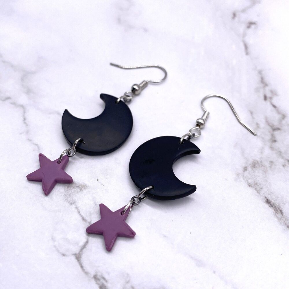 Black and Purple Pastel Galaxy Crescent Moon Dangle Earrings